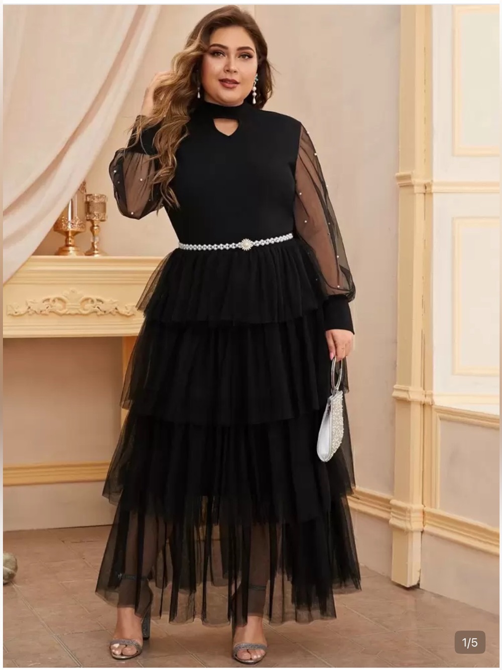 Plus Size Black Keyhole Neck Pearl Beaded Multi-Layer Mesh Hem Dress XL BNWOT
